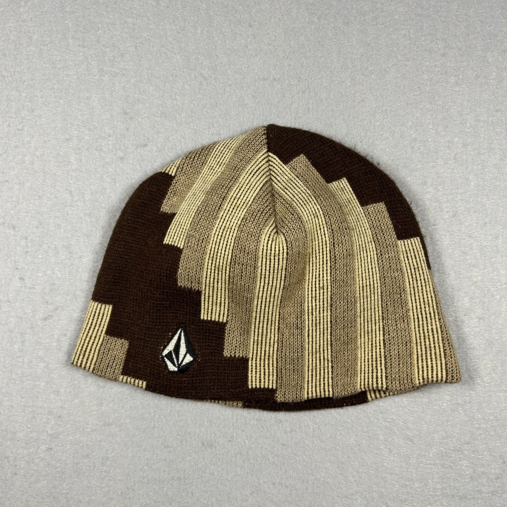Vintage Volcom Beanie Hat Made In USA 90s Y2K Skate Snowboard Brown Geometric OS